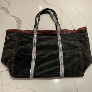 GRAY SUEDE LARGE TOTE WITH SEQUIN HANDLES FROM ST TROPEZ FRANCE